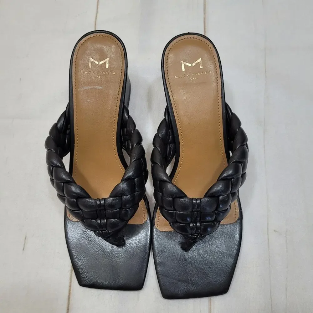 Marc Fisher Norsa braided leather black sandals block heel shoes Flip flop